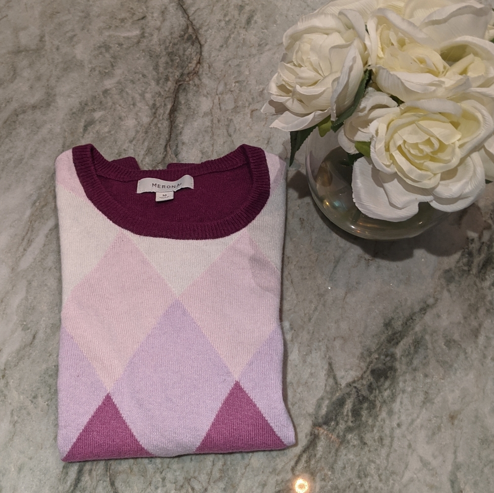 Argyle Scoop Neck Long Sleeve Purple Sweater